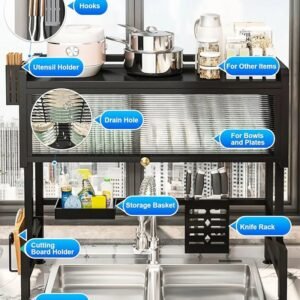 ASIEIT Dish Drying Rack, 3-Tier Over The Sink Dish Drying Rack, 33.5" Over Sink Dish Rack for Small Kitchen, Space-Saving Dish Rack with Cover, Baskets, Utensil, Large Sink Storage Organizer Black