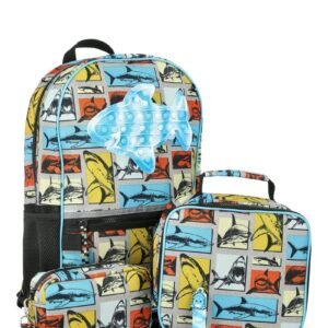Wonder Nation Boys Colorblock Sharks 17" Laptop Backpack and Lunch Bag Set, 4-Piece, Black/Multi